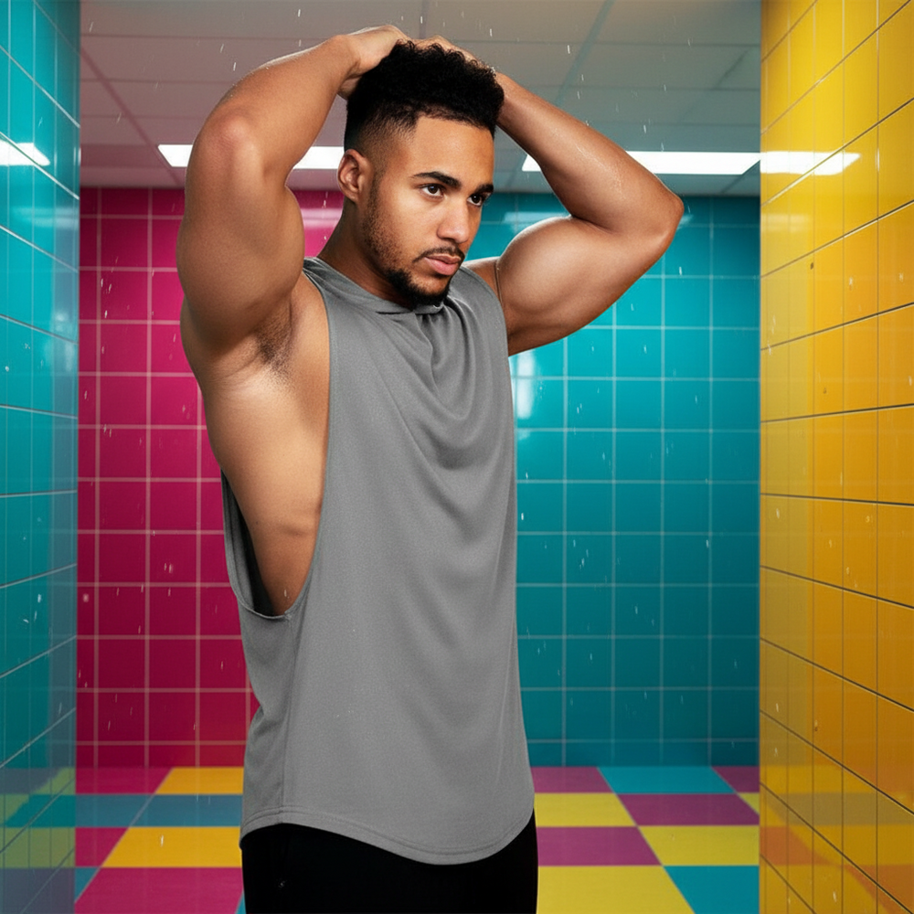 Model wearing a gray sleeveless hooded vest in a colorful tiled shower