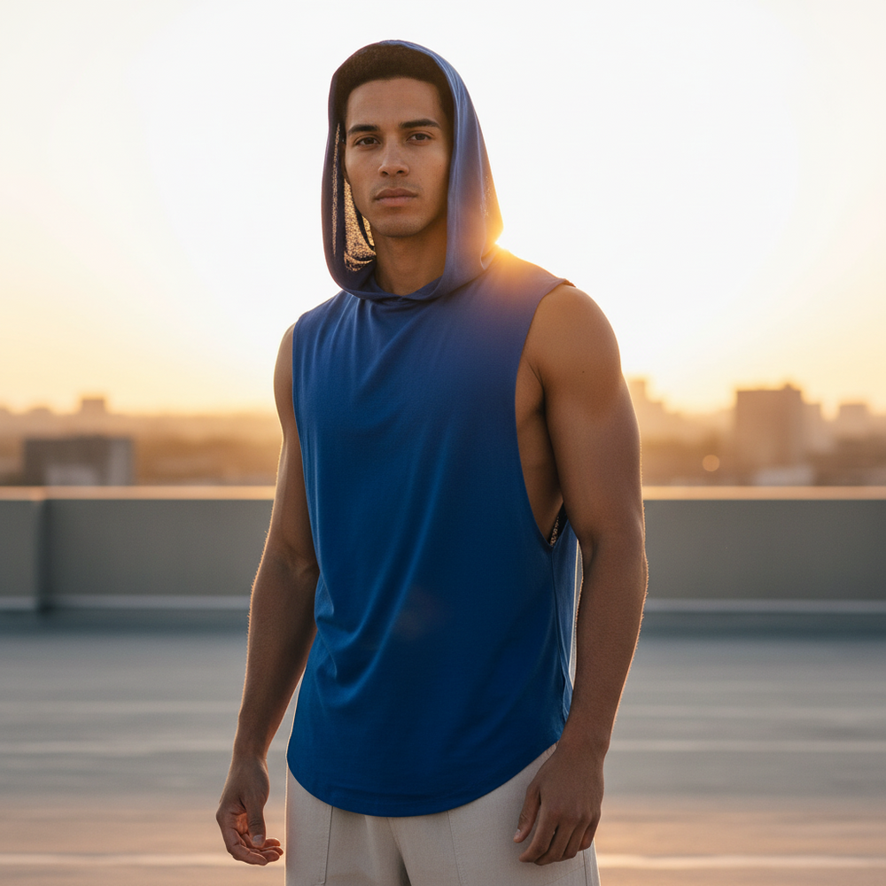 Front three-quarter view of a person wearing a blue hooded racerback vest at sunset