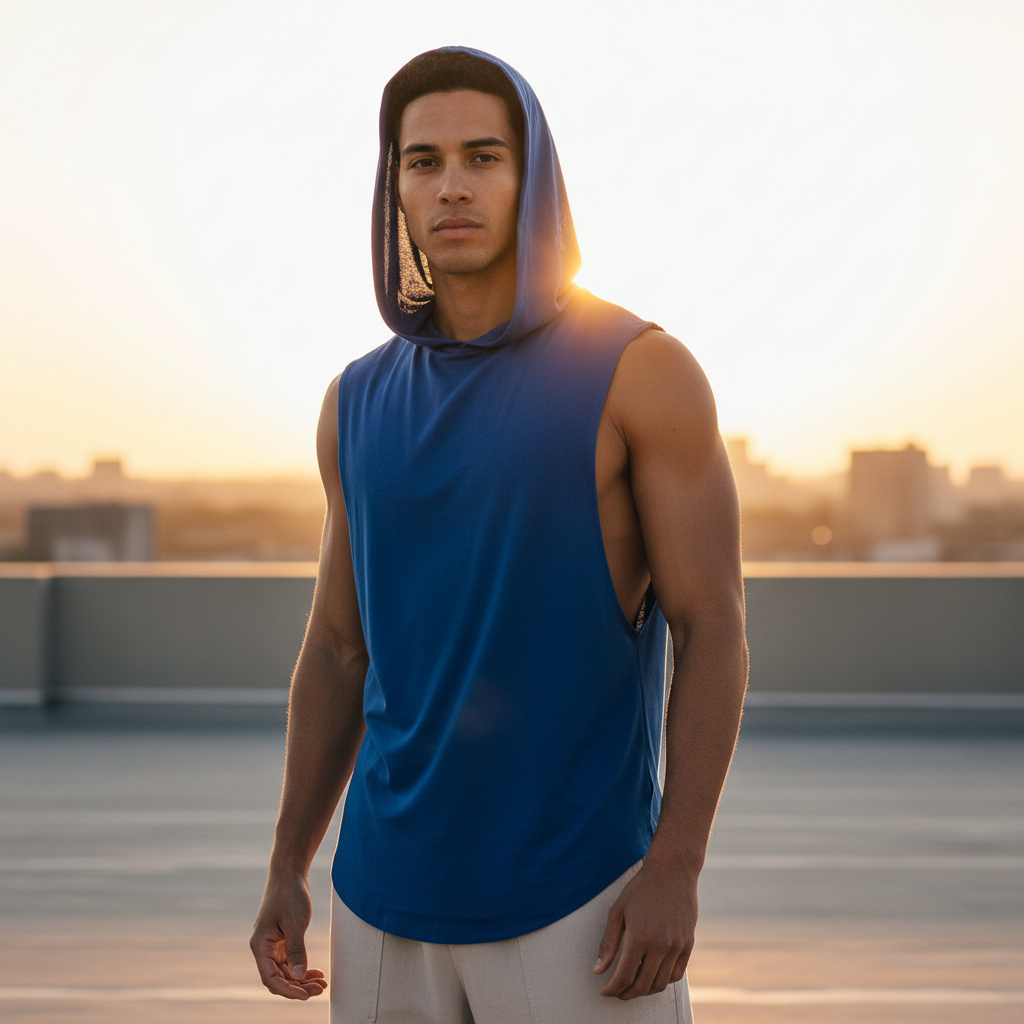Front three-quarter view of a person wearing a blue hooded racerback vest at sunset