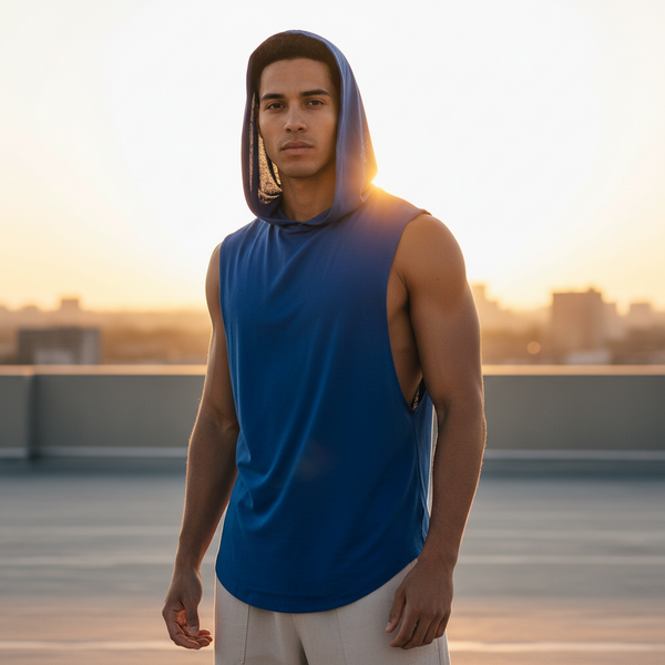 Front three-quarter view of a person wearing a blue hooded racerback vest at sunset