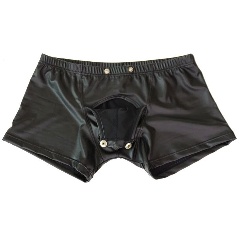 Front view of black glossy leather-look detachable boxer briefs with snaps