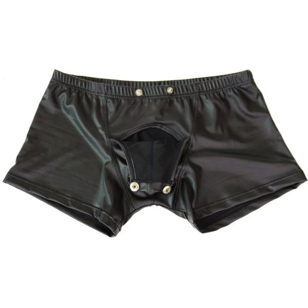 Front view of black glossy leather-look detachable boxer briefs with snaps