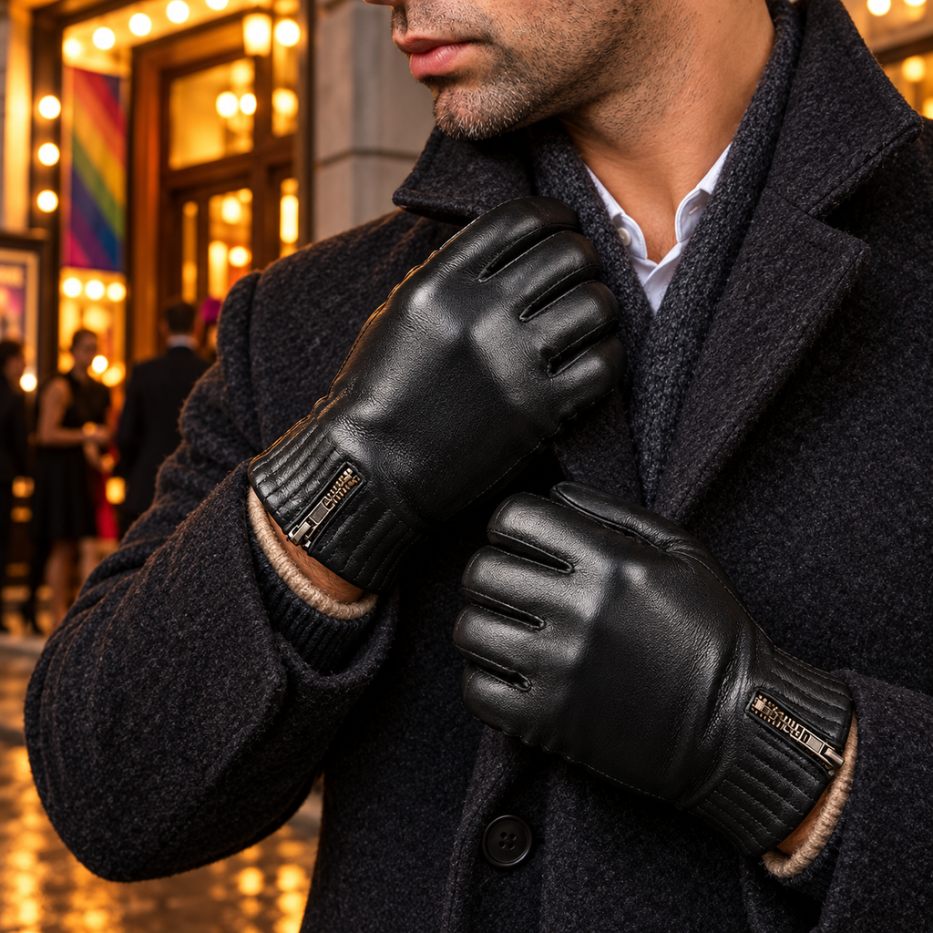 Black leather gloves worn with a dark coat outside a lit building.