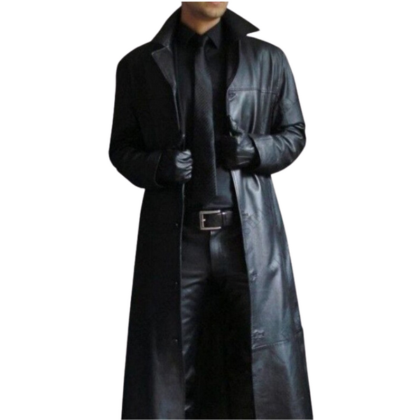 Front-view model wearing a long black leather-look overcoat with wide lapels and gloves