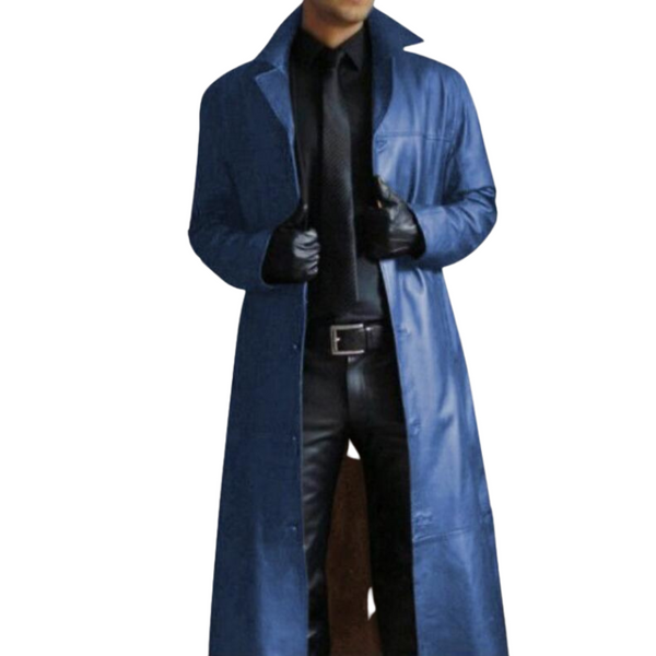 Front-view model wearing a long blue PU leather overcoat over black clothing