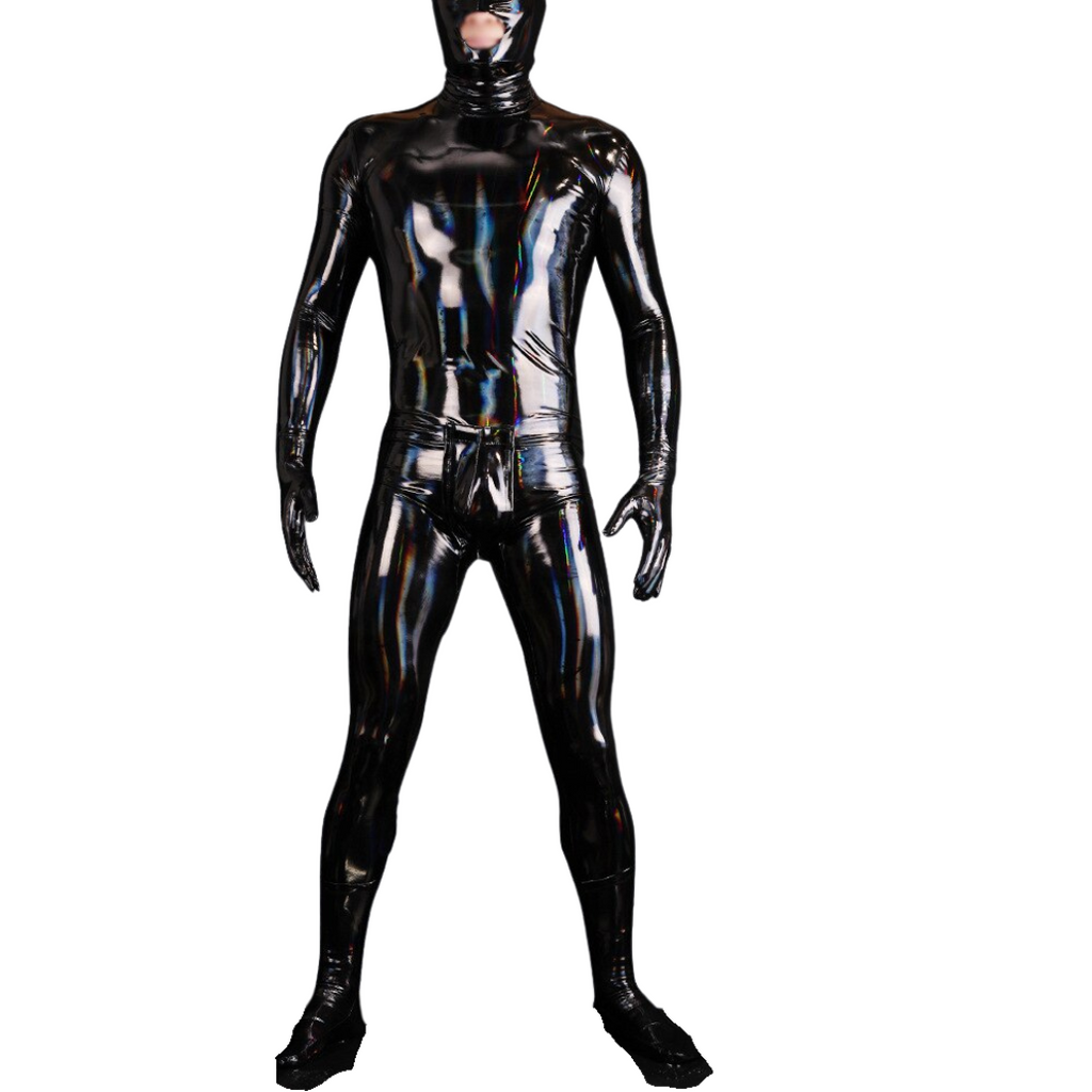 Front view of a person in a glossy black full-body spandex suit with attached gloves and feet
