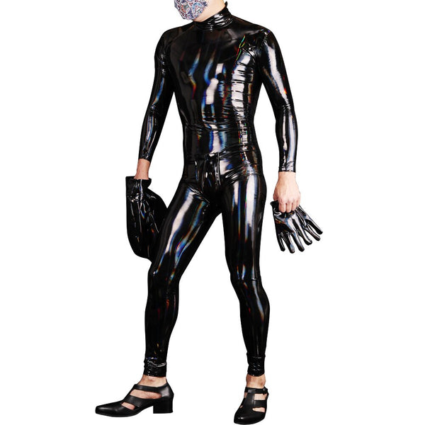 Front-facing model in a glossy black long-sleeve bodysuit with matching gloves