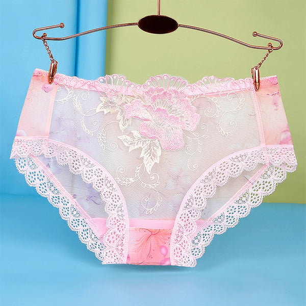 Front view of pink floral lace boxer briefs hanging from a wire hanger