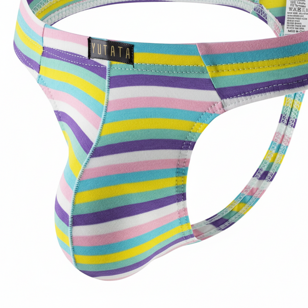 Close-up of a colorful striped low-waist men's thong with a narrow rear strap