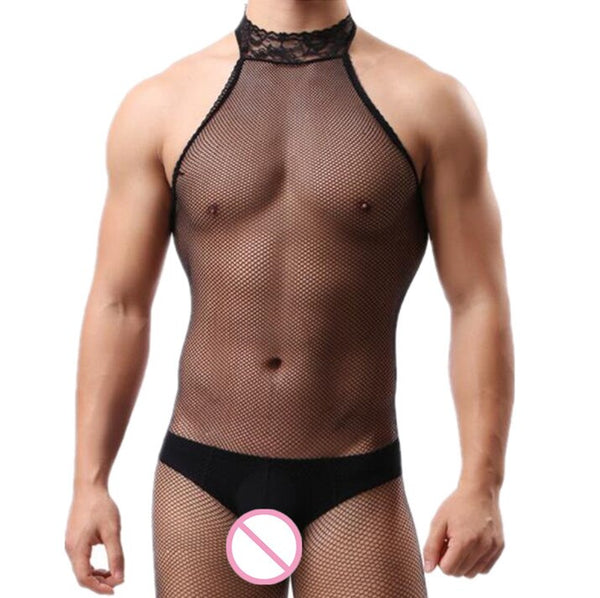 Front-view model wearing a black fishnet halter bodysuit with lace choker