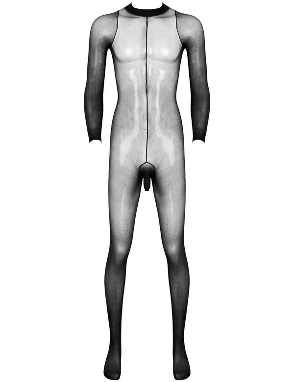 Front view of a sheer black long-sleeve men's bodystocking with enclosed feet