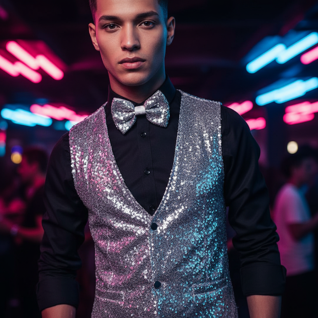 Person modeling a silver sequin vest with a deep V-neck over a black shirt