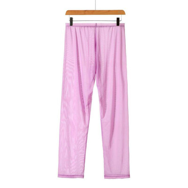 Front view of sheer pink men's lounge pants hanging from a wooden clip hanger