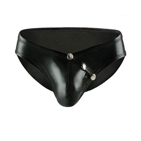 Front view of glossy black patent-look briefs with three silver snap fasteners