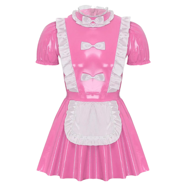 Front-facing pink glossy maid dress with puff sleeves, ruffles, bows, and white apron