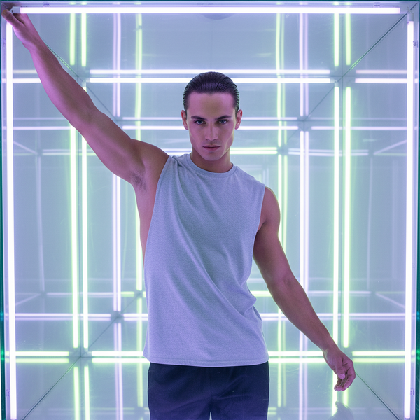Front-facing model wearing a light gray sleeveless athletic vest in a neon-lit room