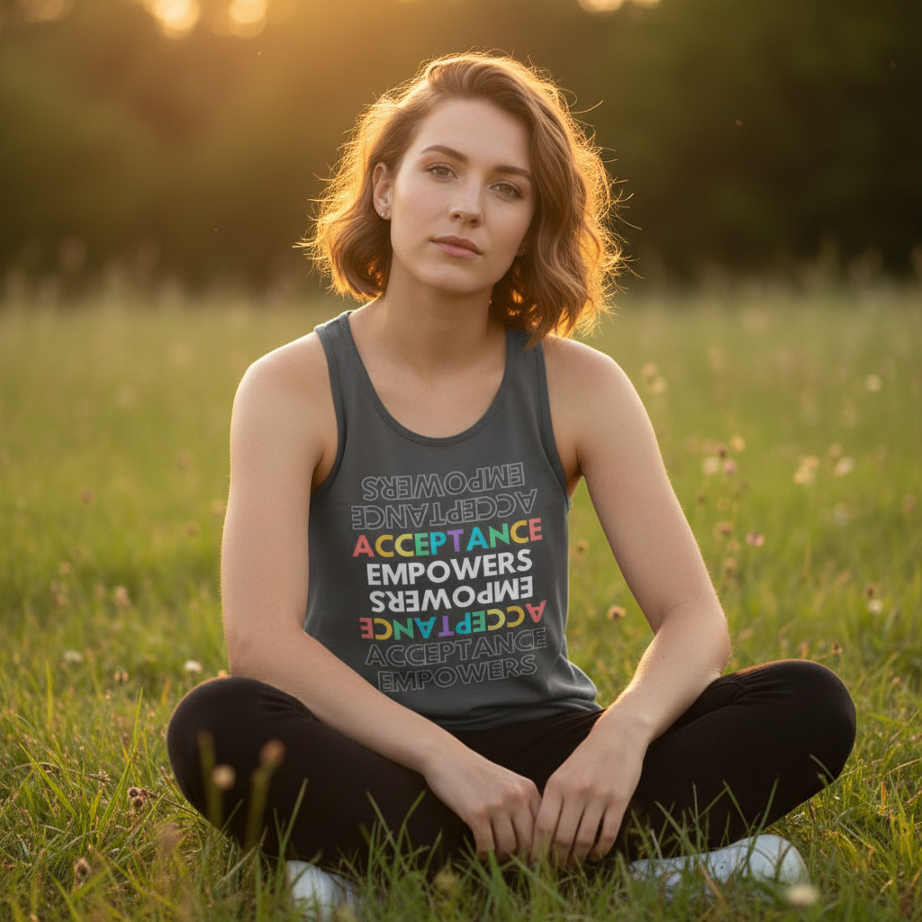 Acceptance Empowers Unisex Tank Top with "Acceptance Empowers" in rainbow colors, worn by a queer femme in sunset grass.
