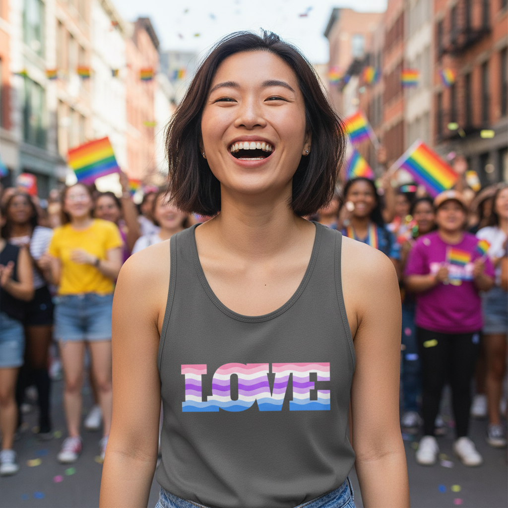 Alternative Genderfluid Love Unisex Tank Top with "LOVE" in trans flag colors, worn at a pride parade; rainbow flags and confetti.