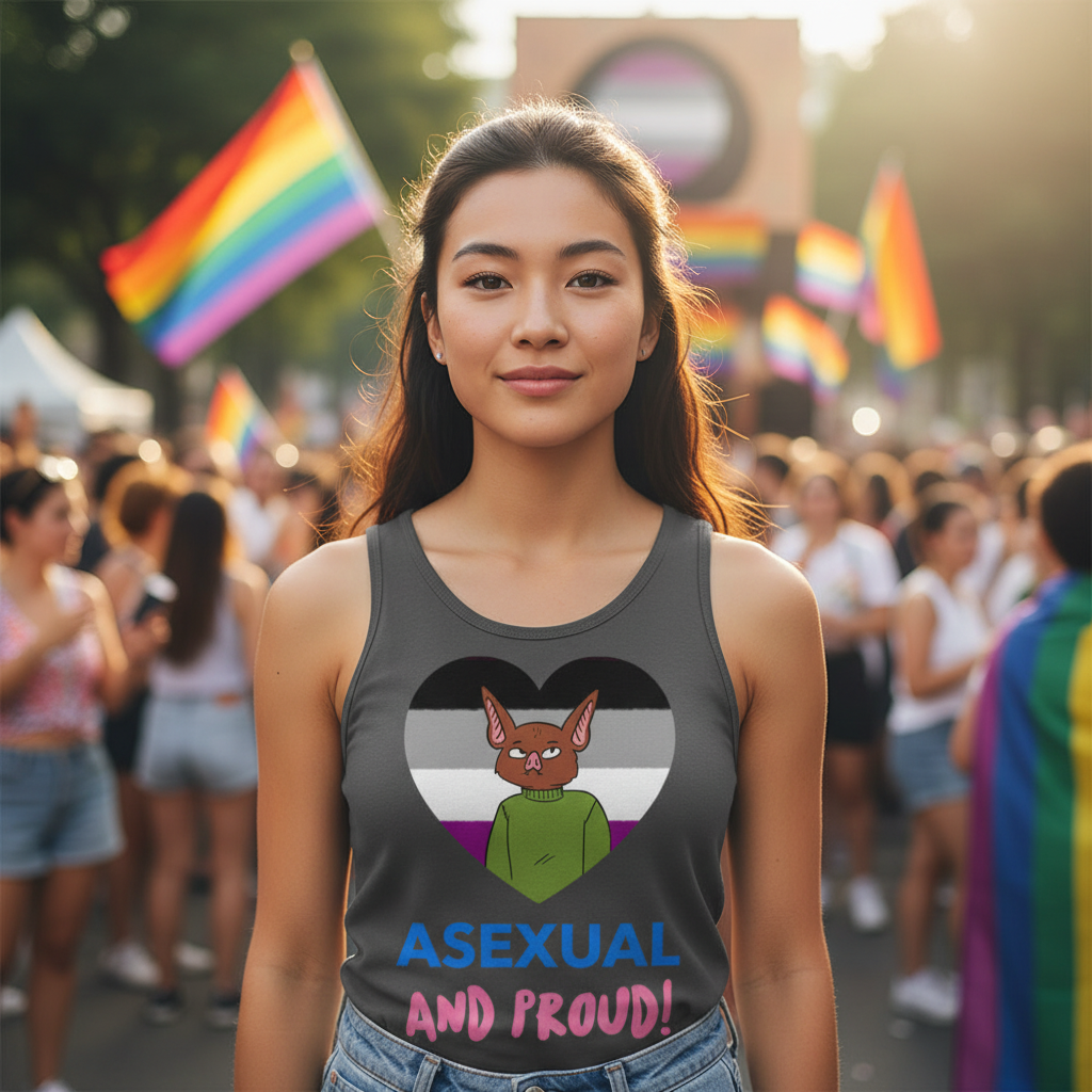 Asexual And Proud Unisex Tank Top with bold ace flag and bat graphic, worn at a pride parade; vibrant rainbow flags in the crowd.
