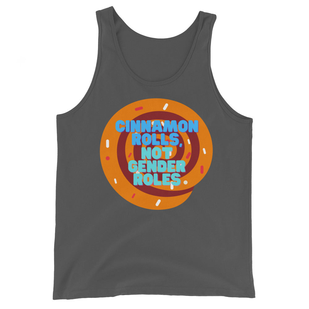 Front view of a charcoal tank top with a cinnamon roll graphic and “CINNAMON ROLLS, NOT GENDER ROLES” text