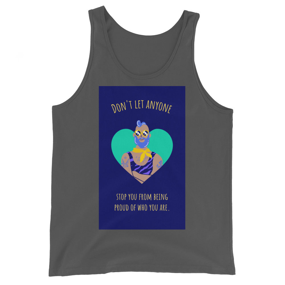 Gray tank top with a blue poster graphic, heart, and illustrated tattooed person wearing sunglasses