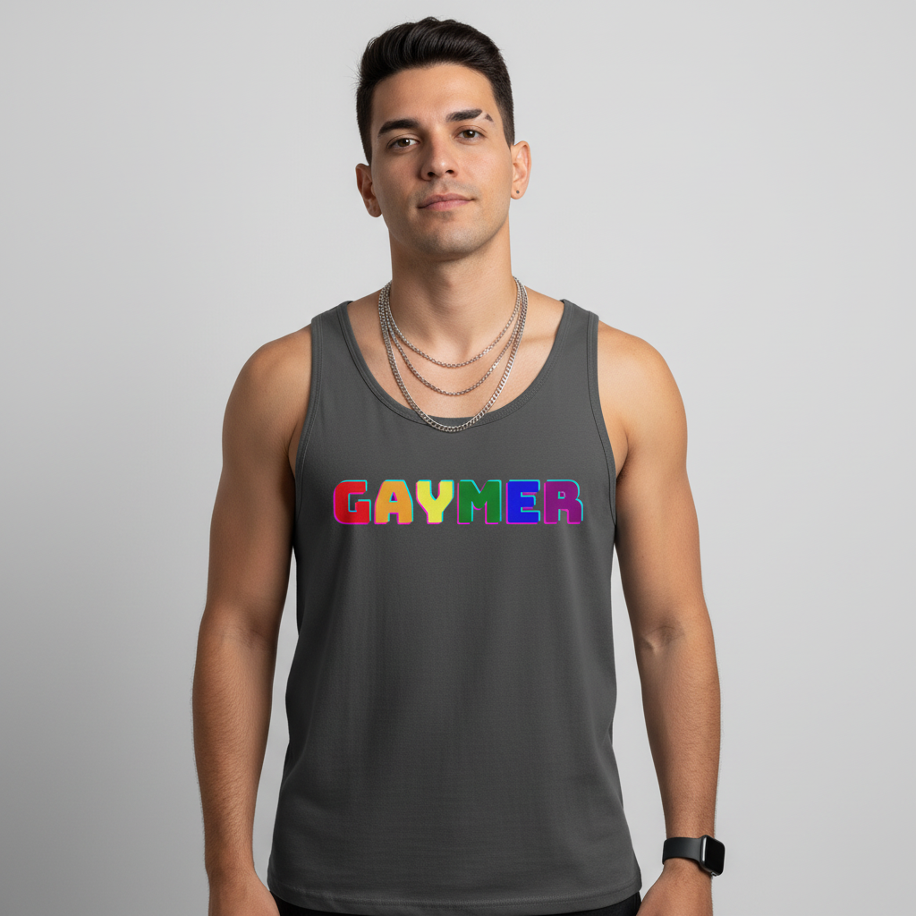 Gaymer Unisex Tank Top with bold, colorful "GAYMER" text, worn by a proud queer guy rocking layered chains and a smartwatch.