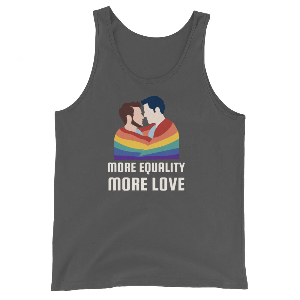 Front view of a charcoal tank top showing two men kissing under rainbow stripes and “MORE EQUALITY MORE LOVE.”