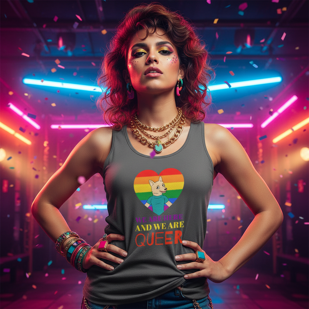 Unisex tank top with "We Are Here And We Are Queer" slogan, rainbow heart and dog graphic, modeled amid neon pride lights and confetti.