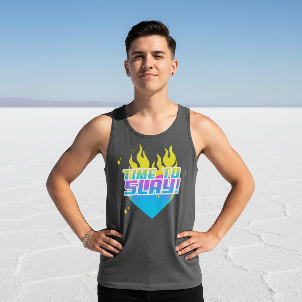 Unisex tank top with bold yellow flames and “TIME TO SLAY!” slogan, worn by a short-haired, relaxed LGBTQ person on salt flats.