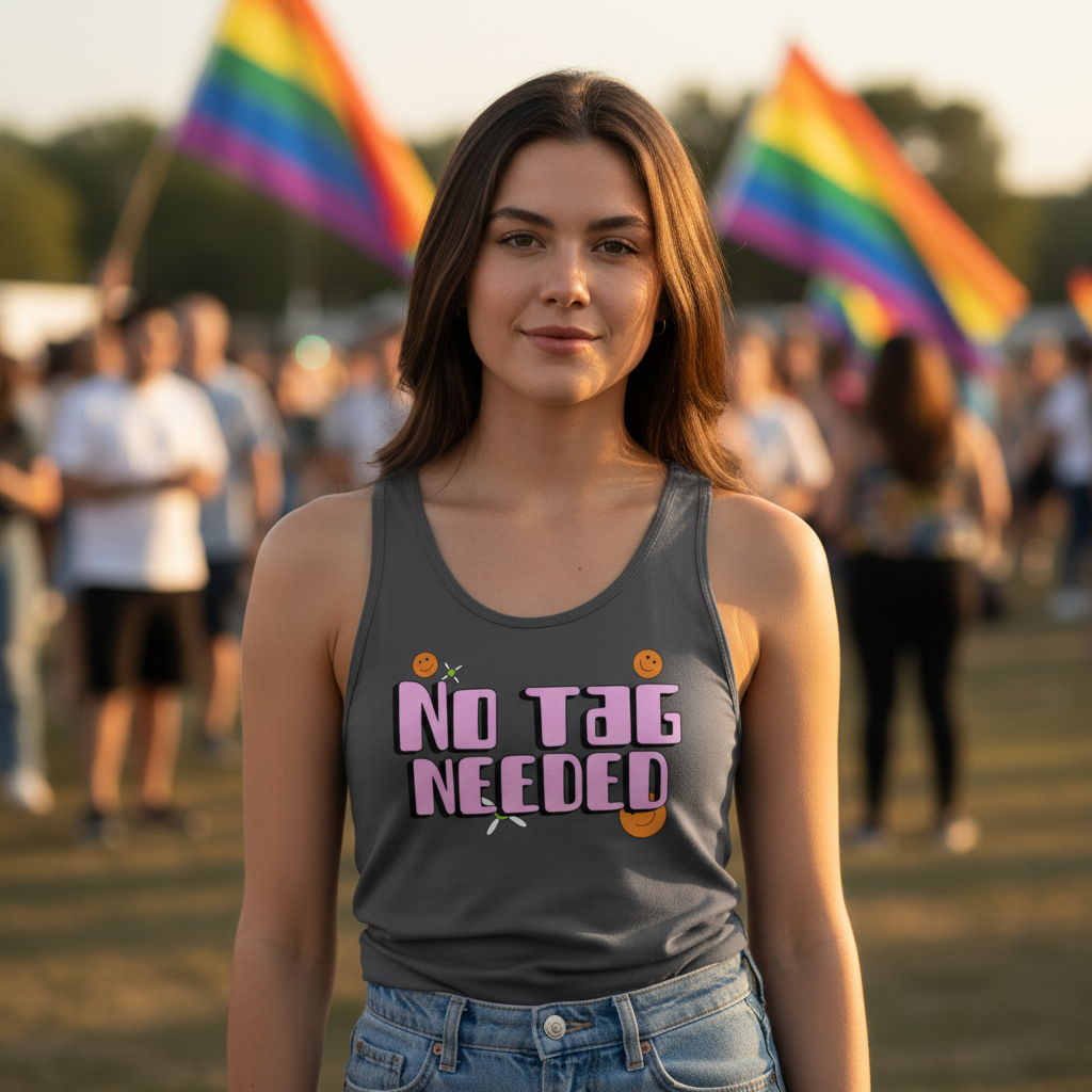 Young person at Pride festival wearing the No Tag Needed Unisex Tank Top, a dark gray tank with pink lettering and smiley faces, embodying bold, queer self-expression and empowerment amidst a vibrant crowd.