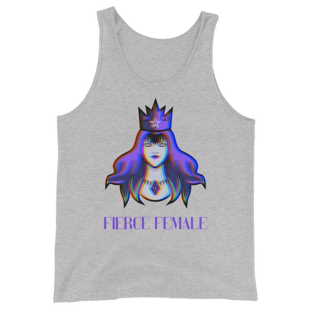Unisex tank top with an illustrated woman, long blue-purple hair, black crown, and “FIERCE FEMALE” in bold gradient text.
