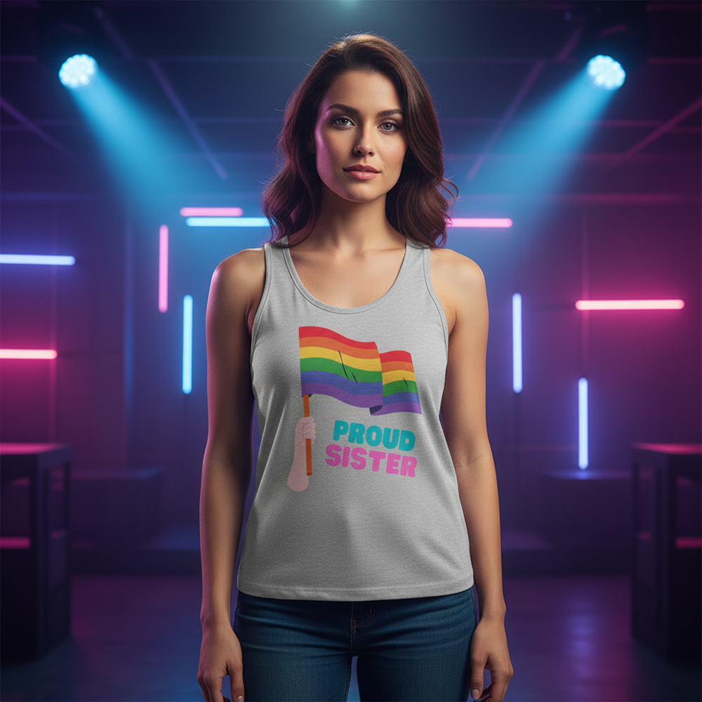 Proud Sister Unisex Tank Top with rainbow pride flag, shown in neon-lit club. Blue and pink lights pop, radiating queer joy.