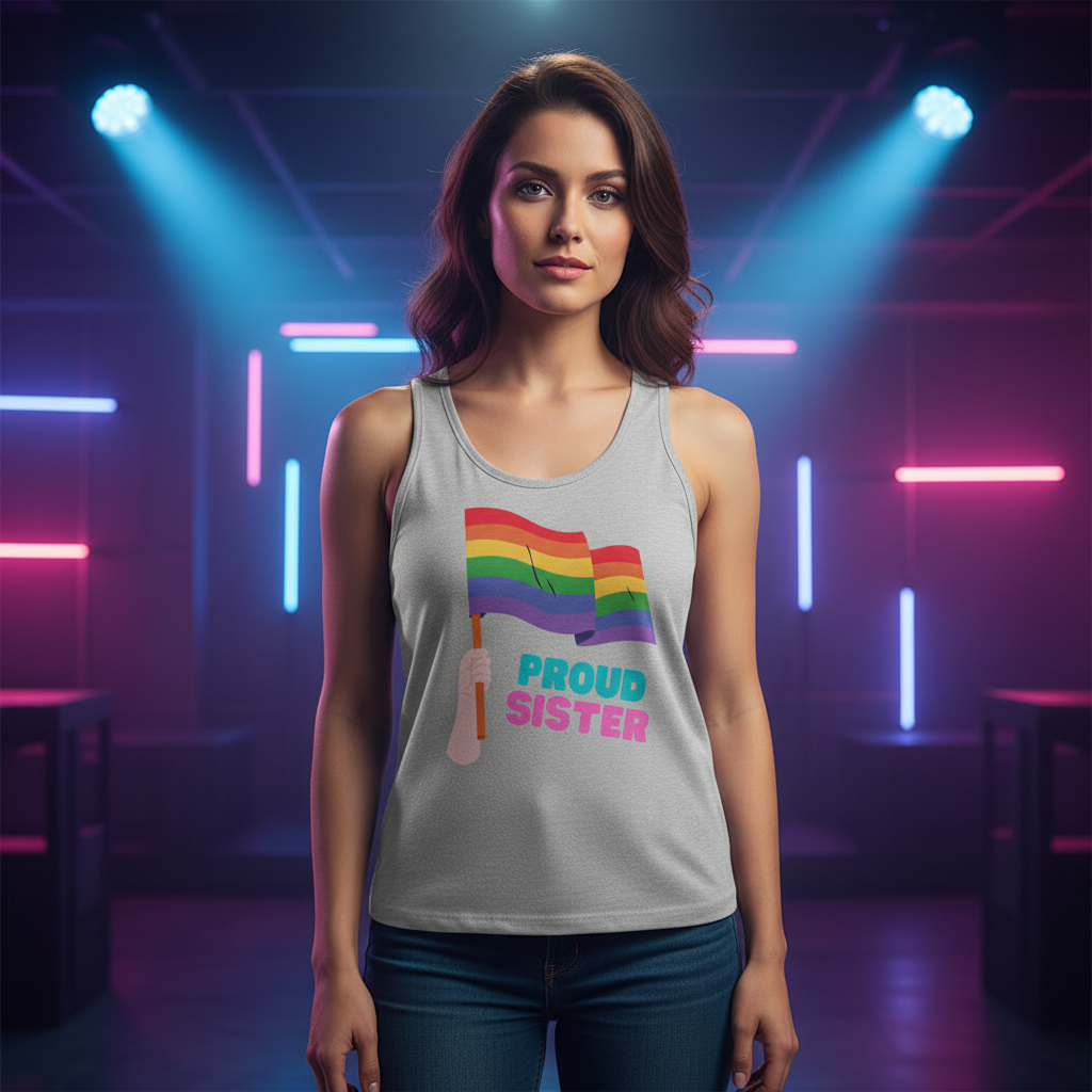 Proud Sister Unisex Tank Top with rainbow pride flag, shown in neon-lit club. Blue and pink lights pop, radiating queer joy.