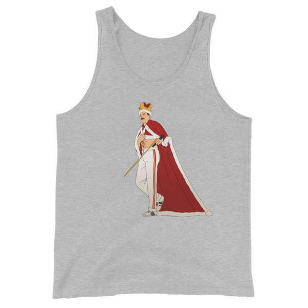 Unisex tank top in gray with an illustration of a mustached guy rocking a crown, red cape, and striped pants—total queer icon energy.