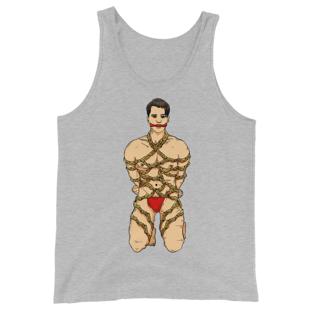 Gray tank top with a front illustration of a bound, kneeling man in red underwear