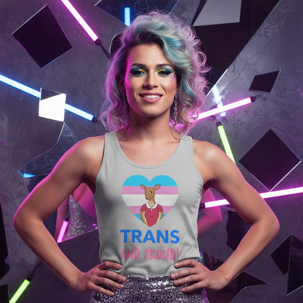 Trans And Proud Unisex Tank Top with a kangaroo on a trans pride flag heart, silver sequin skirt, queer vibes, neon lights.
