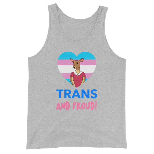Unisex tank top with a cartoon kangaroo in a red tee inside a trans flag heart, blue and pink 