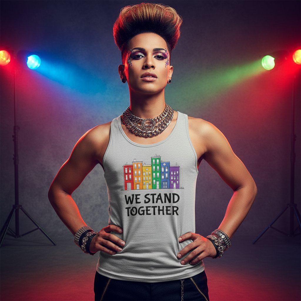 We Stand TogeTher Unisex Tank Top with bold “WE STAND TOGETHER” slogan, colorful buildings; queer vibes, red/blue/green lights.