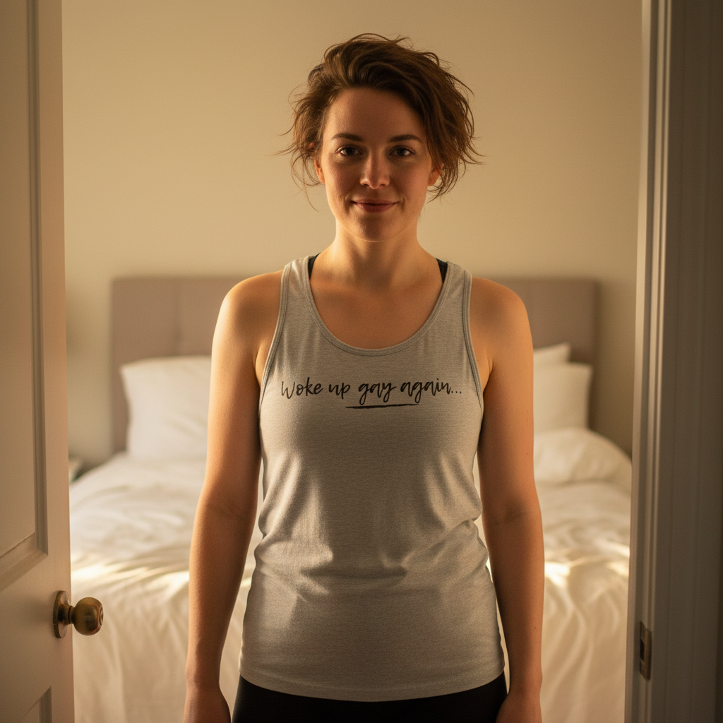 Woke Up Gay Again" unisex tank top on a woman with short brown hair, standing in a cozy bedroom doorway.