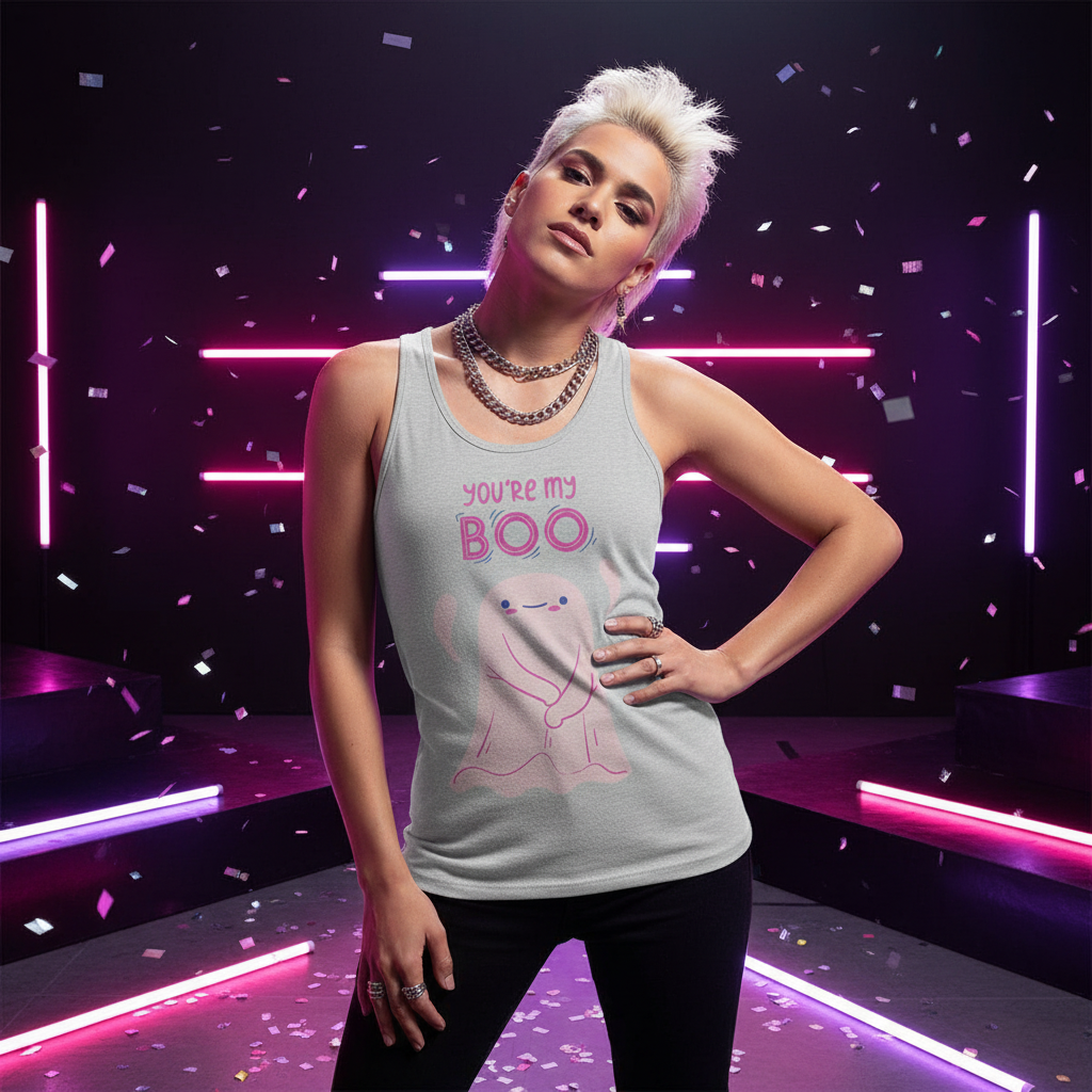 You're My Boo! Unisex Tank Top" in bold hues with a cute ghost and playful slogan, modeled by a queer person under neon lights.