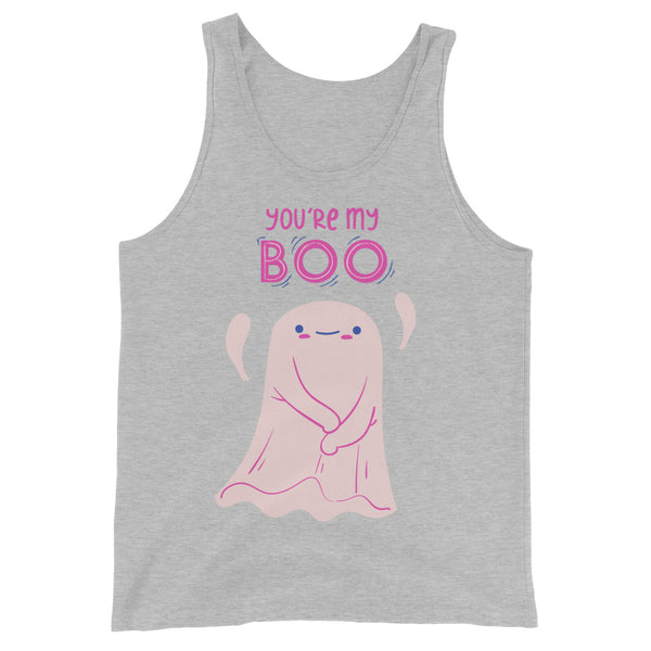 Unisex tank top with a pink smiling cartoon ghost, blushing cheeks, and “YOU’RE MY BOO” in pink and purple—cute queer love vibes.