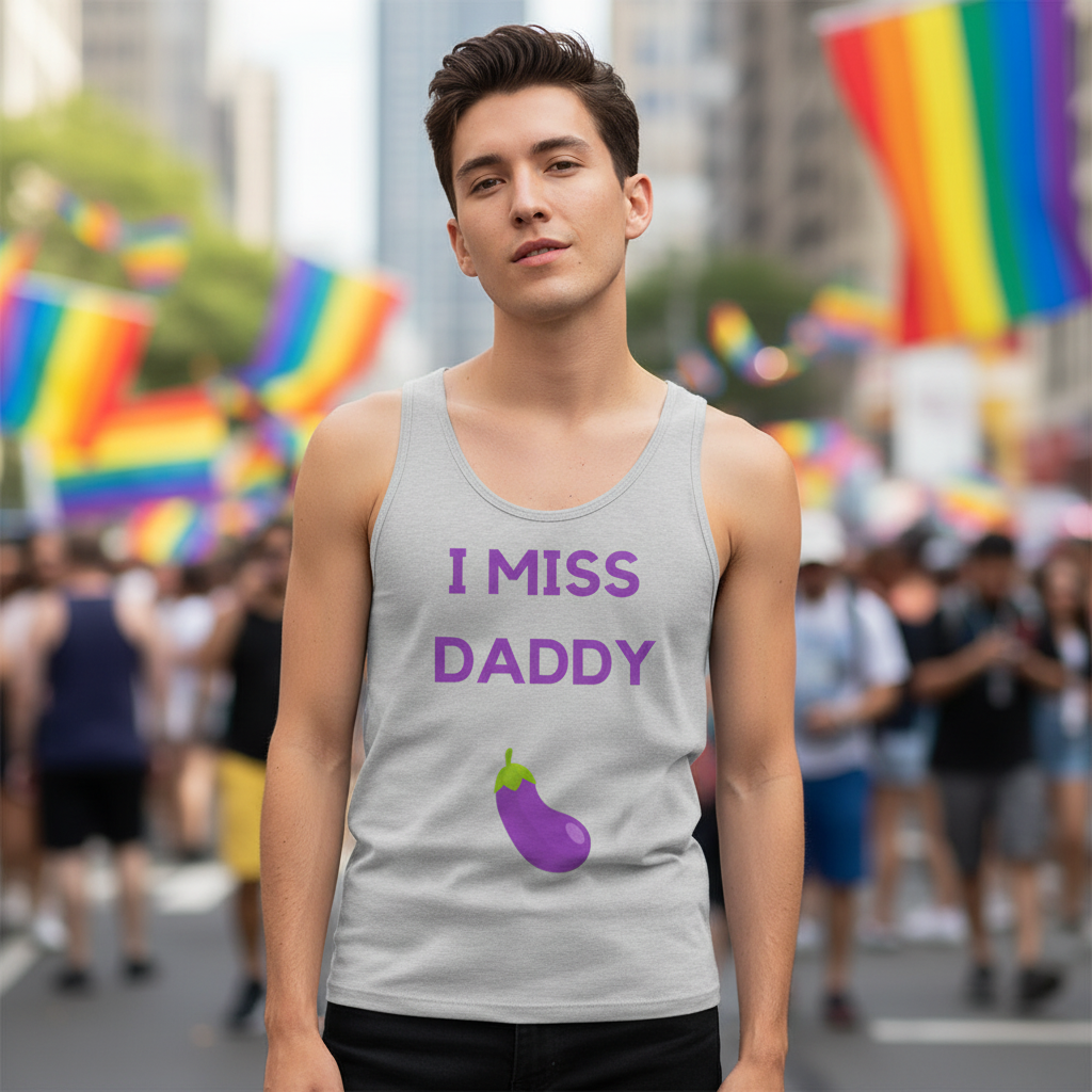 Young man at a Pride event wearing the I Miss Daddy Unisex Tank Top, showcasing bold purple text and an eggplant emoji, embodying queer empowerment and self-expression with a confident gaze.