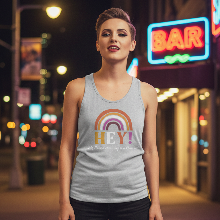 Unisex tank top reads "Hey! My Prince Charming Is A Princess!" Short-haired woman smiles outside a neon-lit queer bar at night.