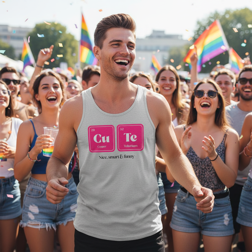 Young man in a CuTe Nice Smart & Funny tank top smiles at a Pride celebration, embodying empowerment and self-expression with a vibrant crowd celebrating diversity and joy in the background.
