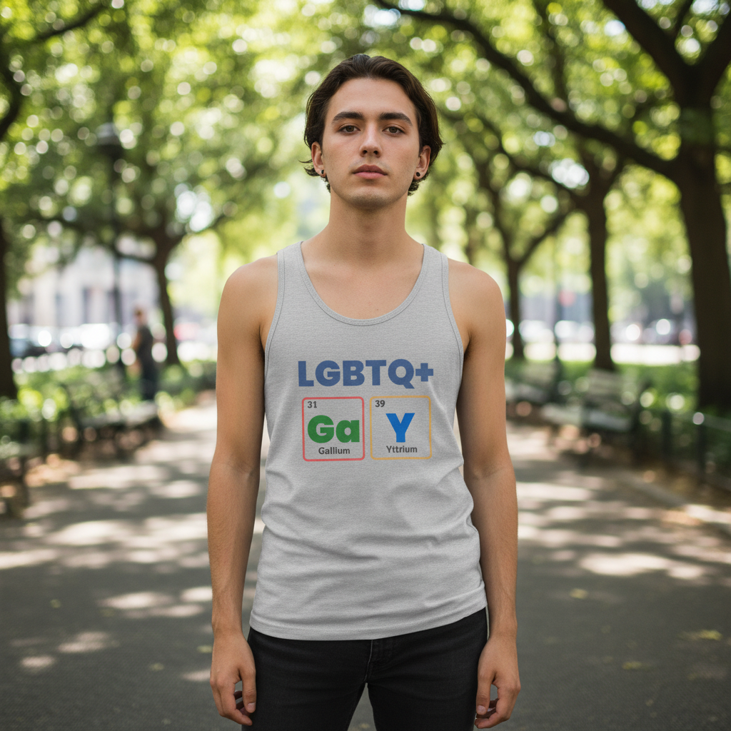 LGBTQ+ GaY Unisex Tank Top spelling "GAY" in periodic table style, worn by a young man in a green park with trees and benches.