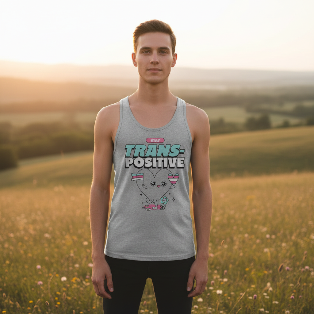 A young person wears the Stay Trans-Positive Unisex Tank Top in a sunlit meadow, showcasing pride through a heart character with trans-flag banners, embodying LGBTQIA+ empowerment and visibility.