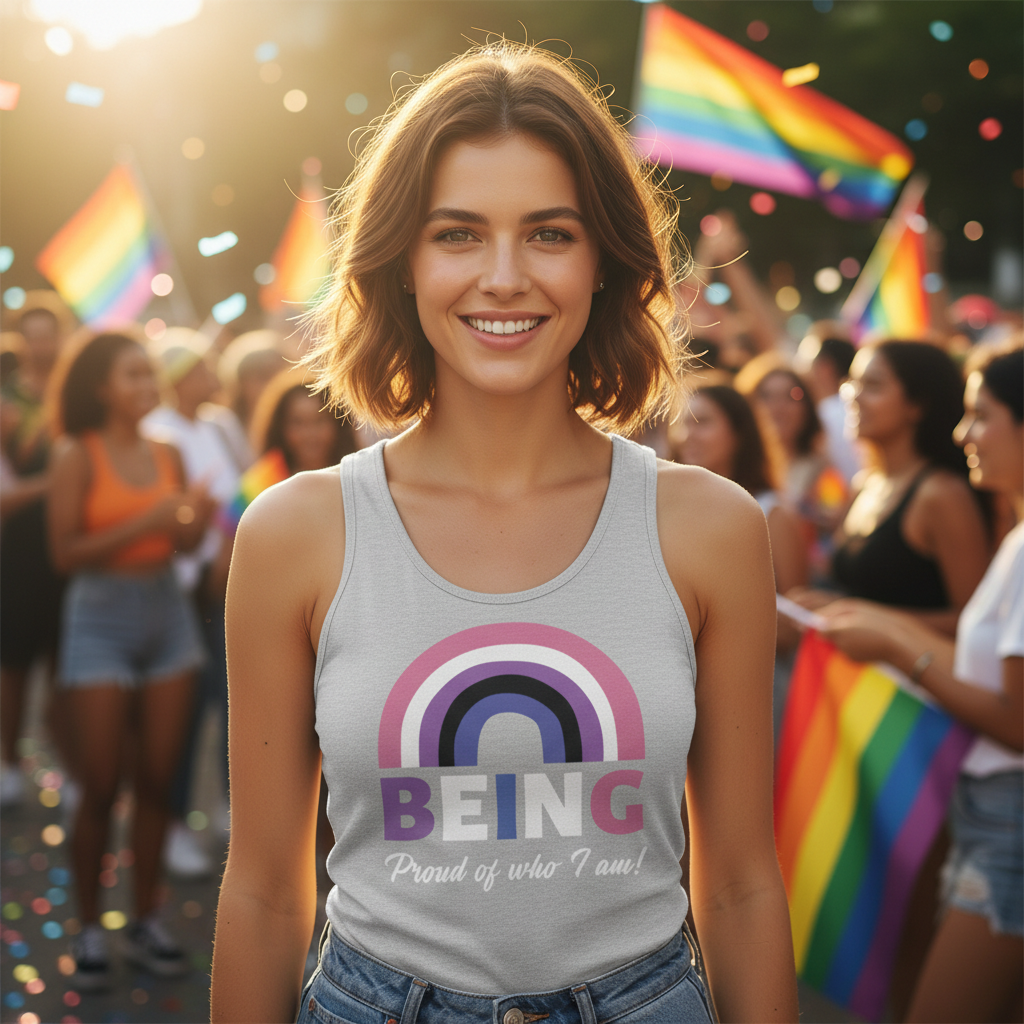 Young adult at a pride parade wearing the Being Proud Of Who I Am! Unisex Tank Top, featuring a rainbow graphic and empowering message, embodying LGBTQ+ pride and self-expression amid a festive crowd.