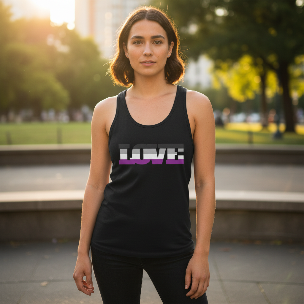 Asexual Love Unisex Tank Top with bold white and purple "LOVE" text, worn by a woman in a sunset park; ace pride style.