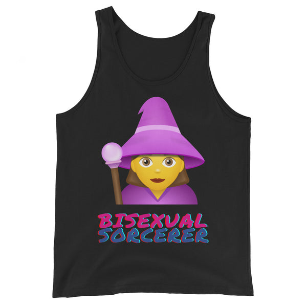 Unisex black tank top with an emoji-style woman wizard in purple, staff in hand, and “BISEXUAL SORCERER” in bold pink & blue letters.