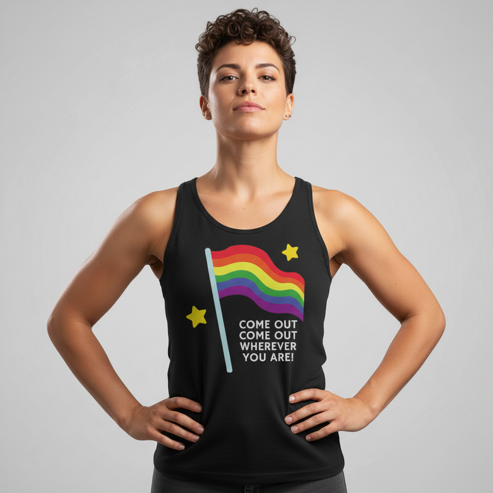 Black "Come Out Come Out" tank top with rainbow pride flag, two yellow stars, and “COME OUT COME OUT WHEREVER YOU ARE!” text.